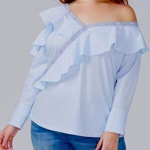 Lane Bryant blue and white striped off-the-shoulder blouse.